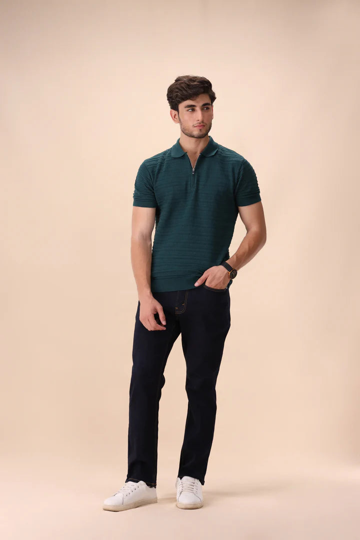 Pine Green Textured Zipper Polo