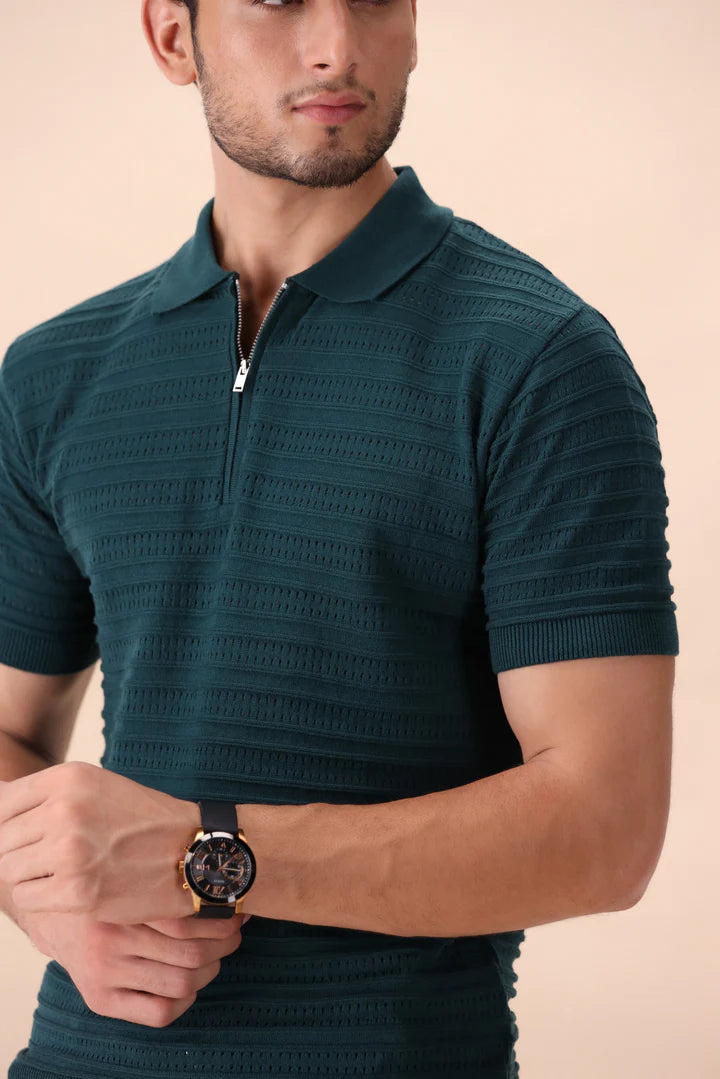 Pine Green Textured Zipper Polo