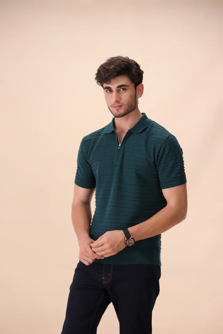 Pine Green Textured Zipper Polo