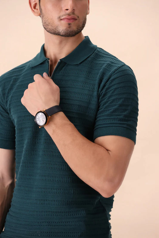 Pine Green Textured Zipper Polo